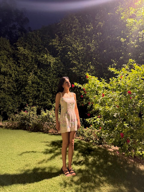 Sunshine Bloom Dress- Pastel Floral Embellished Mini Dress