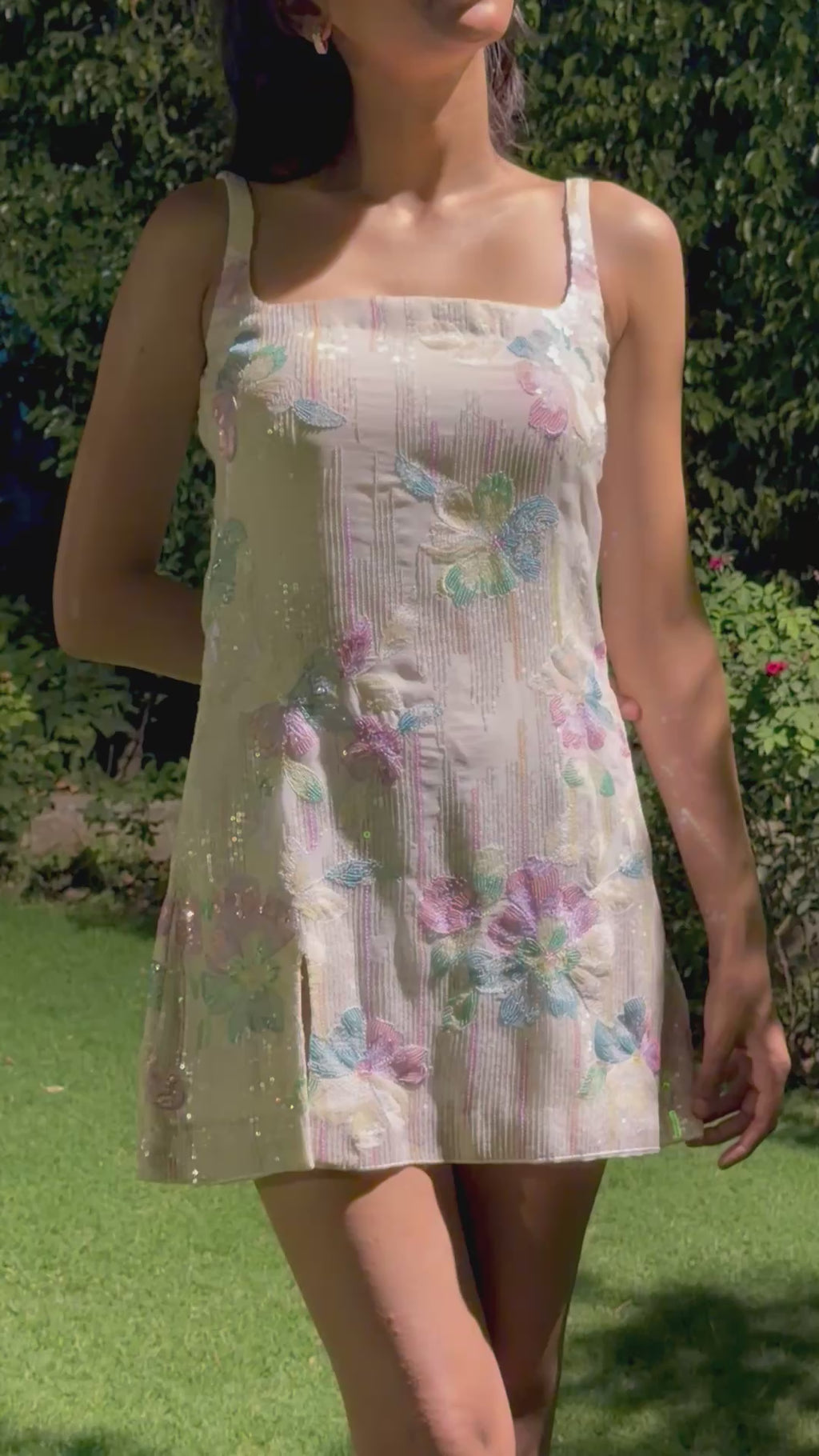 Sunshine Bloom Dress- Pastel Floral Embellished Mini Dress